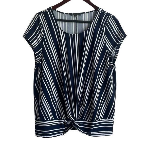 Adrianna Papell Women Top L Navy Striped Twist Knot Front Nautical Casual Office - Picture 1 of 8